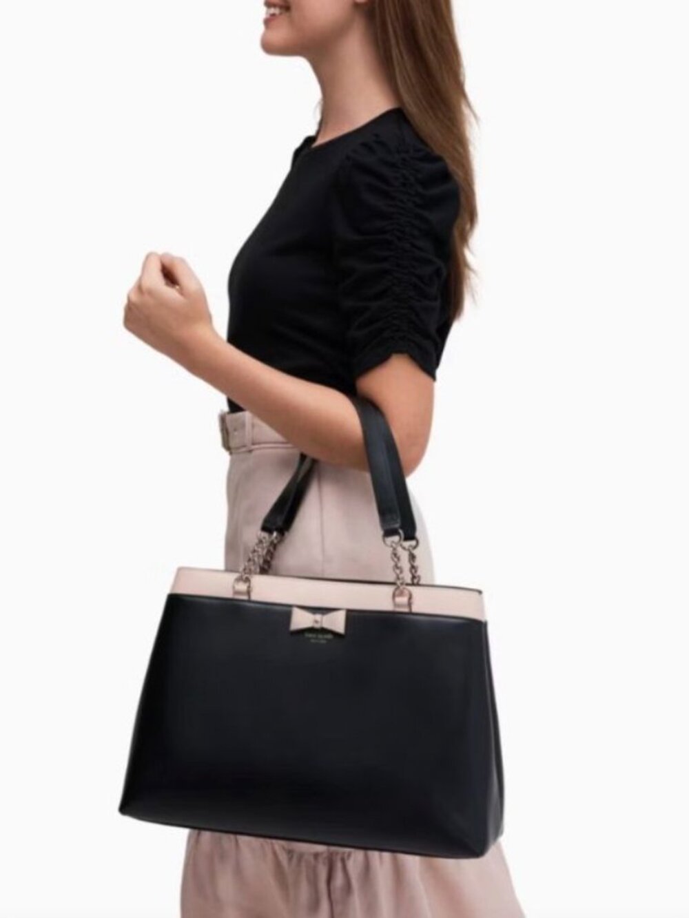 $458 Kate Spade Maryanne Black Leather Tote Bow Chain Handle Shoulder Bag NWT